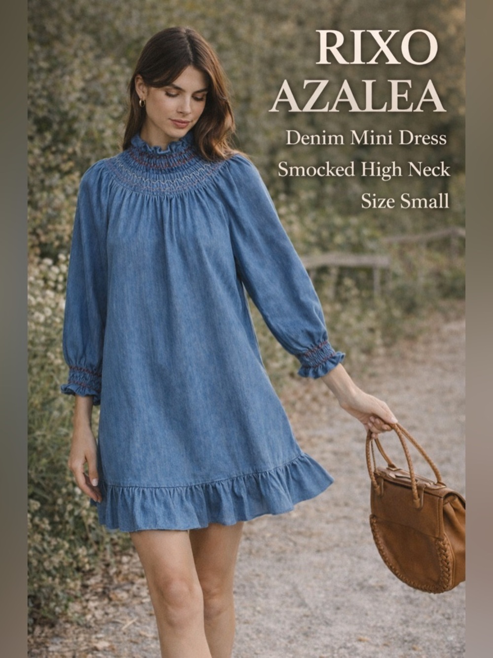 Rixo Azalea Denim Mini Dress Smocked High Neck Long Sleeve Blue‎ Size Small